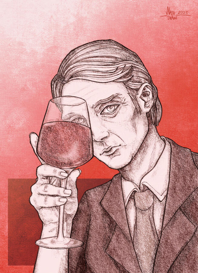 Hannibal holding a glass of wine