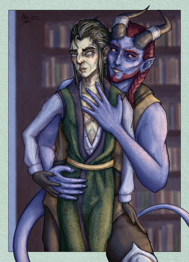 Two oc's standing in a library the taller holds the smaller one by the waist, their hand on his chest